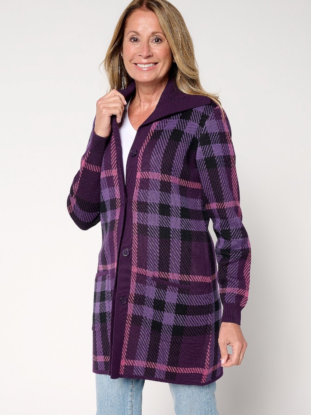 Denim & Co QVC NEW Button Front Sweater Tunic Purple Pink Plaid Cardigan Sz L